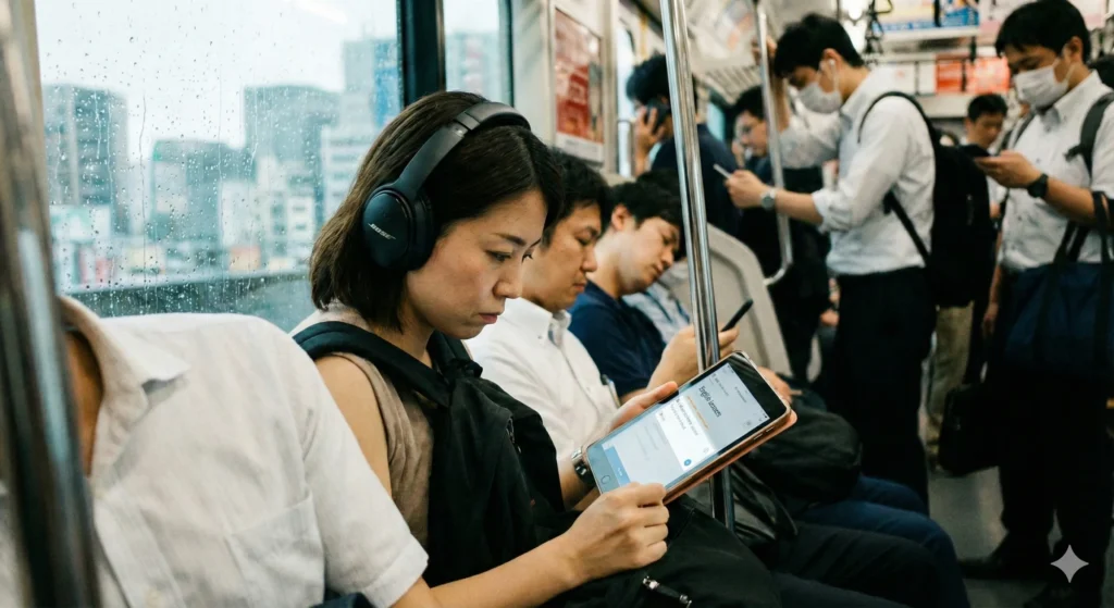 通勤時間にスピーキング練習しているイメージ画像