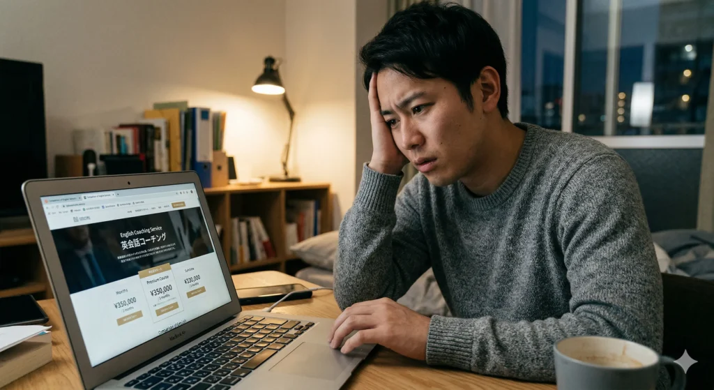 英語コーチングサービスが高くてパソコンの前で悩んでいる人